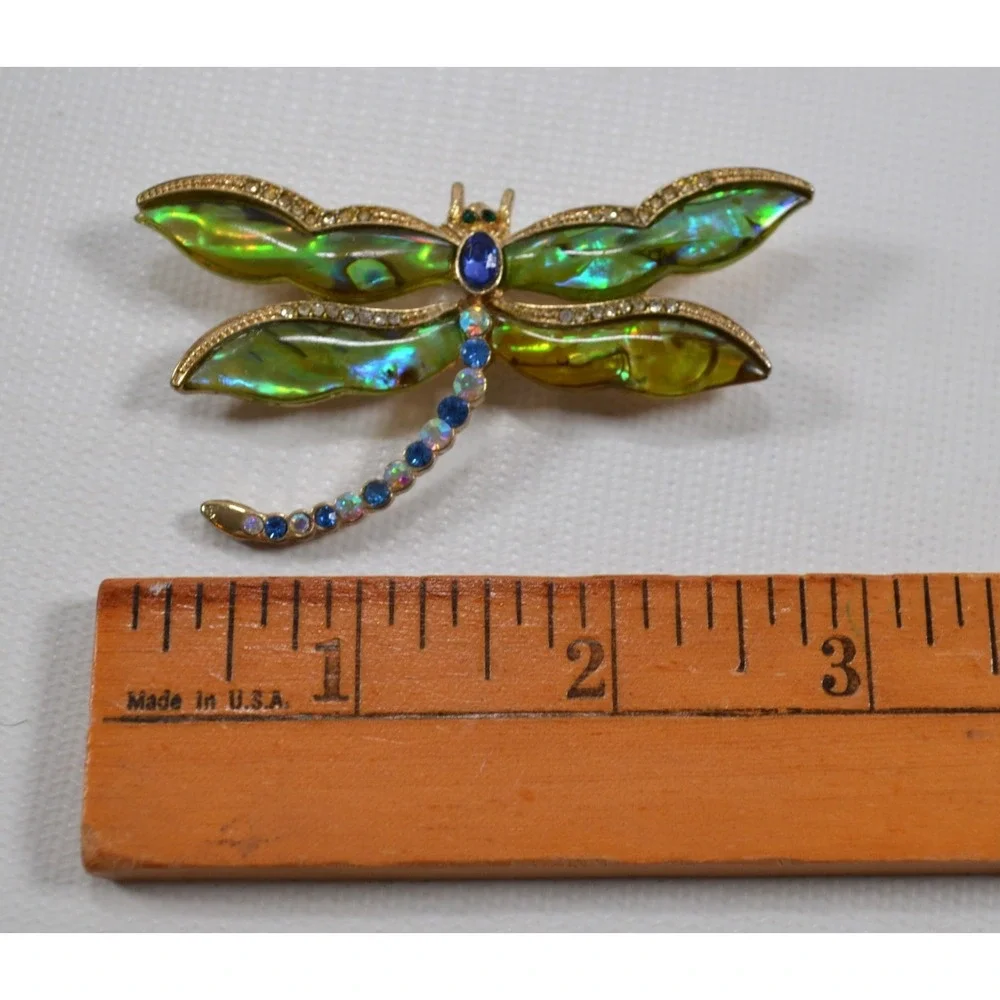 Vintage Kenneth‎ Cole Dragonfly Brooch / Pin Abalone & Rhinestones 2.75